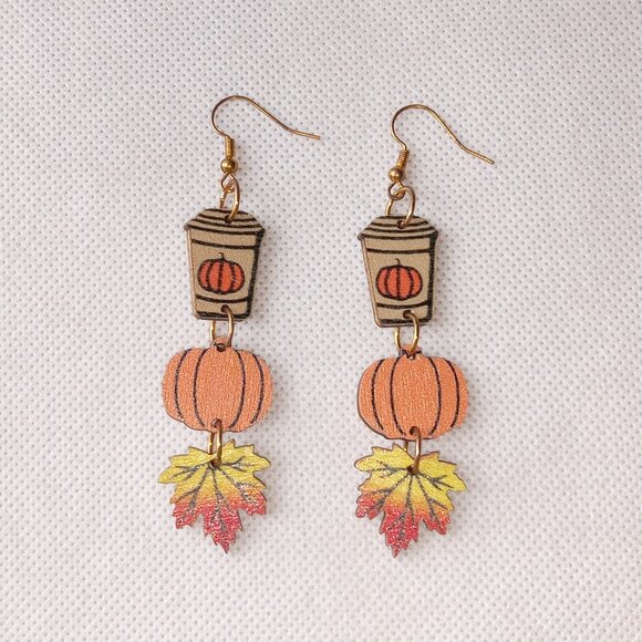 Cute Fall Earrings, Autumn Dangle Earrings, Wooden Earrings - Picture 4 of 5